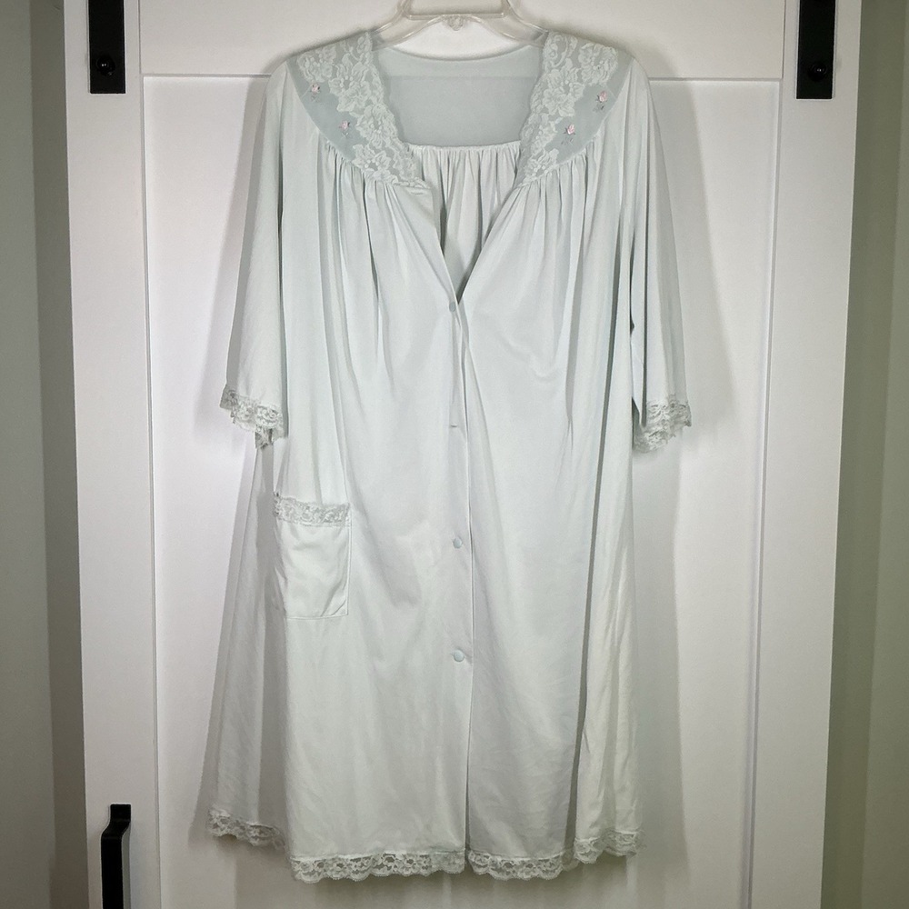 VTG 70's Shadow Line Blue W/ Embroidered Yoke Trim Nylon Nightgown Robe Sz Large